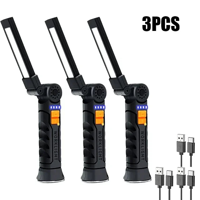 lampe travail rechargeable usb aimant noir lumiere led forte réglages luminosité camping auto défense