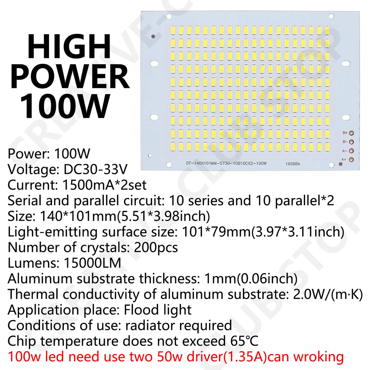 Panneau LED 100W blanc lumineux 15000LM matrice diodes modernes 140x101mm