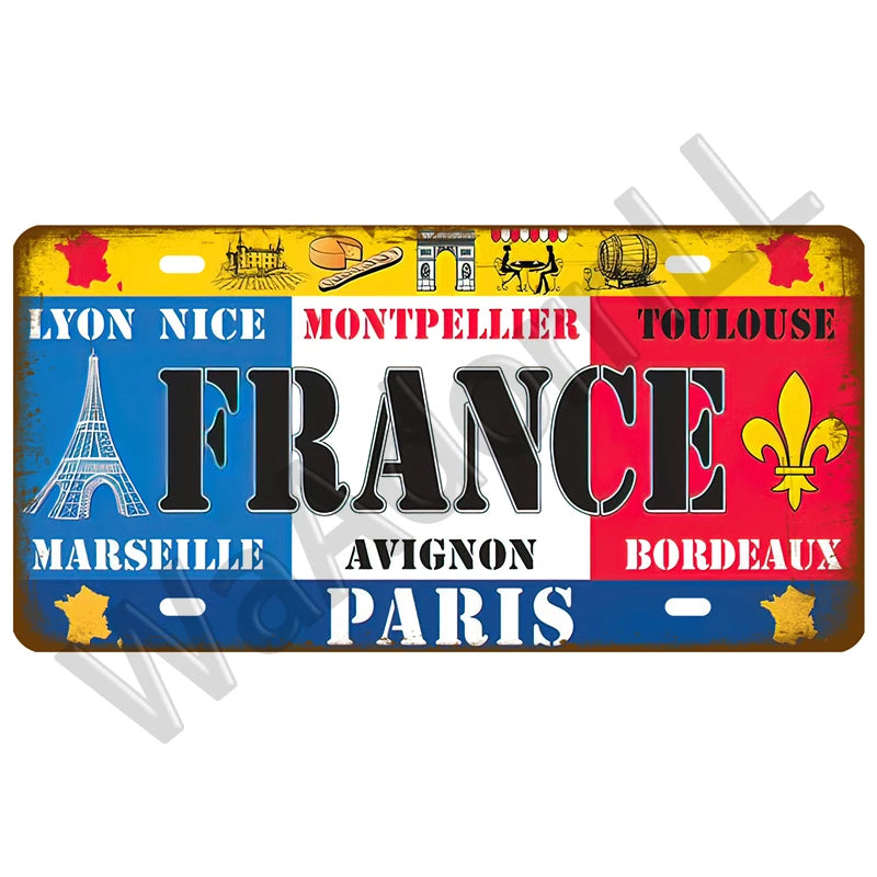 plaque voiture vintage drapeaux tour eiffel retro textes illustrations murales française bleu rouge blanc