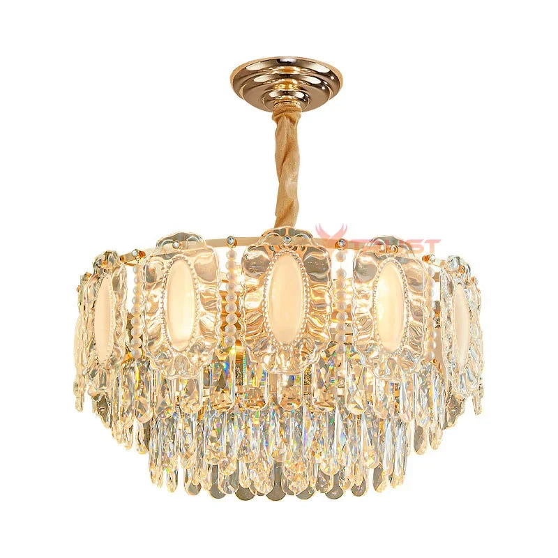 lampe suspendue dorée cristal transparent classique chaîne métallique