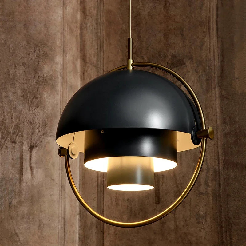 lampe suspendue métal noir doré contemporaine panneaux circulaires opaques chambre salle manger