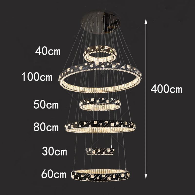 chandelier suspendu moderne plusieurs niveaux anneaux cristal transparents noir doré