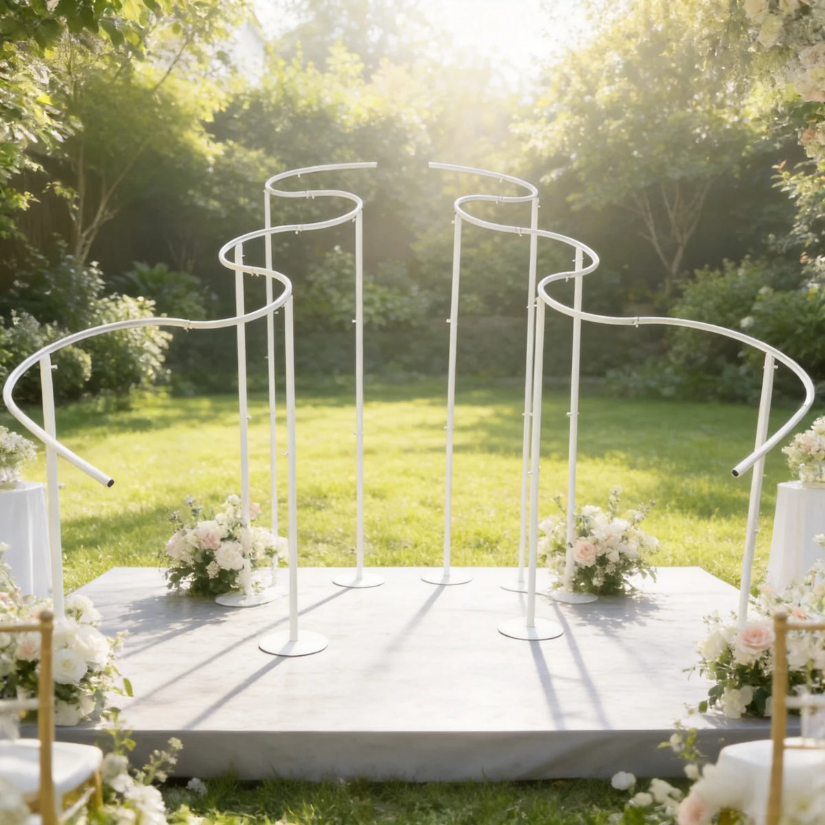 arche métal blanc tissu plissé décoration cérémonie mariage moderne élégante structure fixée base circulaire