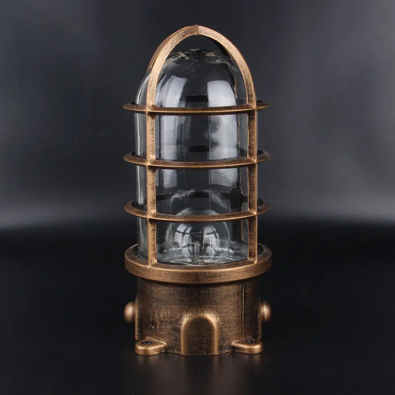 Lampe sécurité industrielle vintage fonte noire bronze bleu clair verre transparent grille métallique
