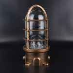 Lampe sécurité industrielle vintage fonte noire bronze bleu clair verre transparent grille métallique