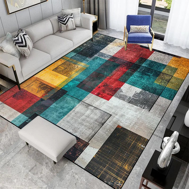 tapis moderne multicolore carreaux géométriques texturé salon chambre décoration intérieure polyester durableextérieur