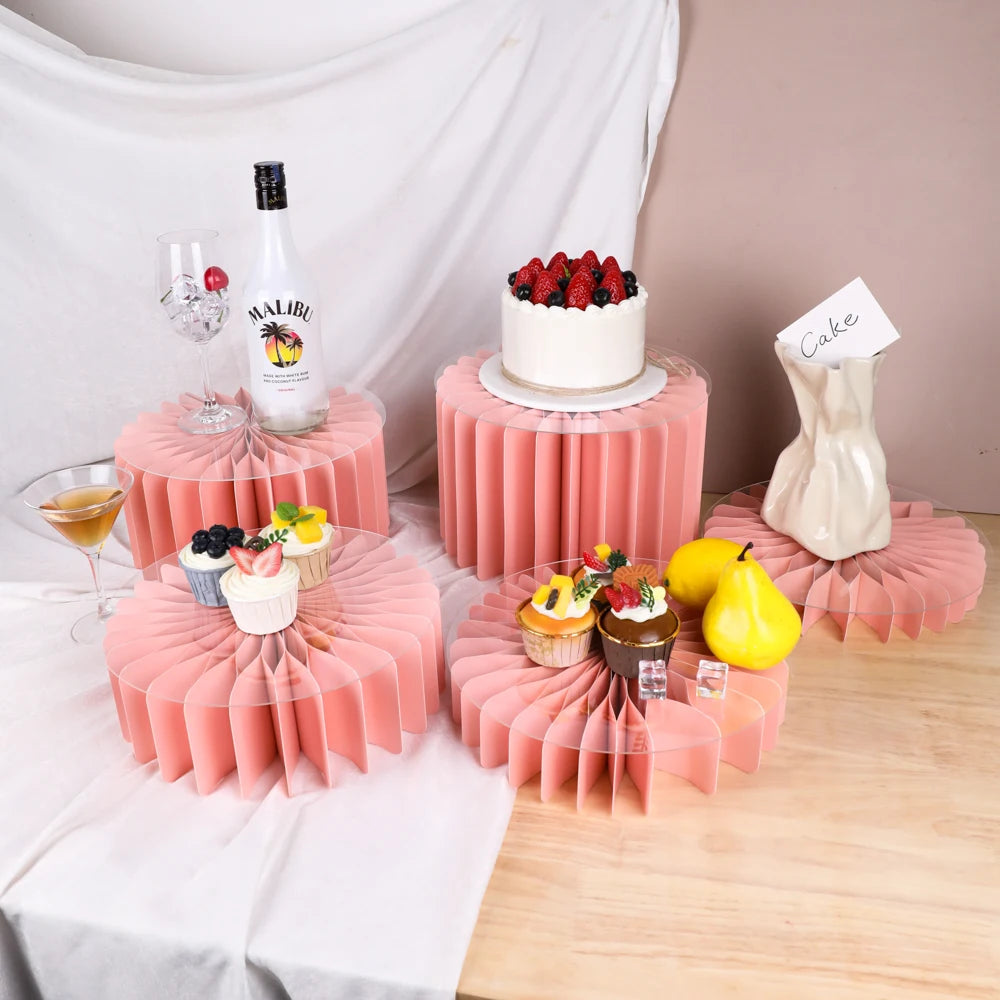 support présentation gâteau rose plissé moderne lot cinq socles cylindriques décoration fête