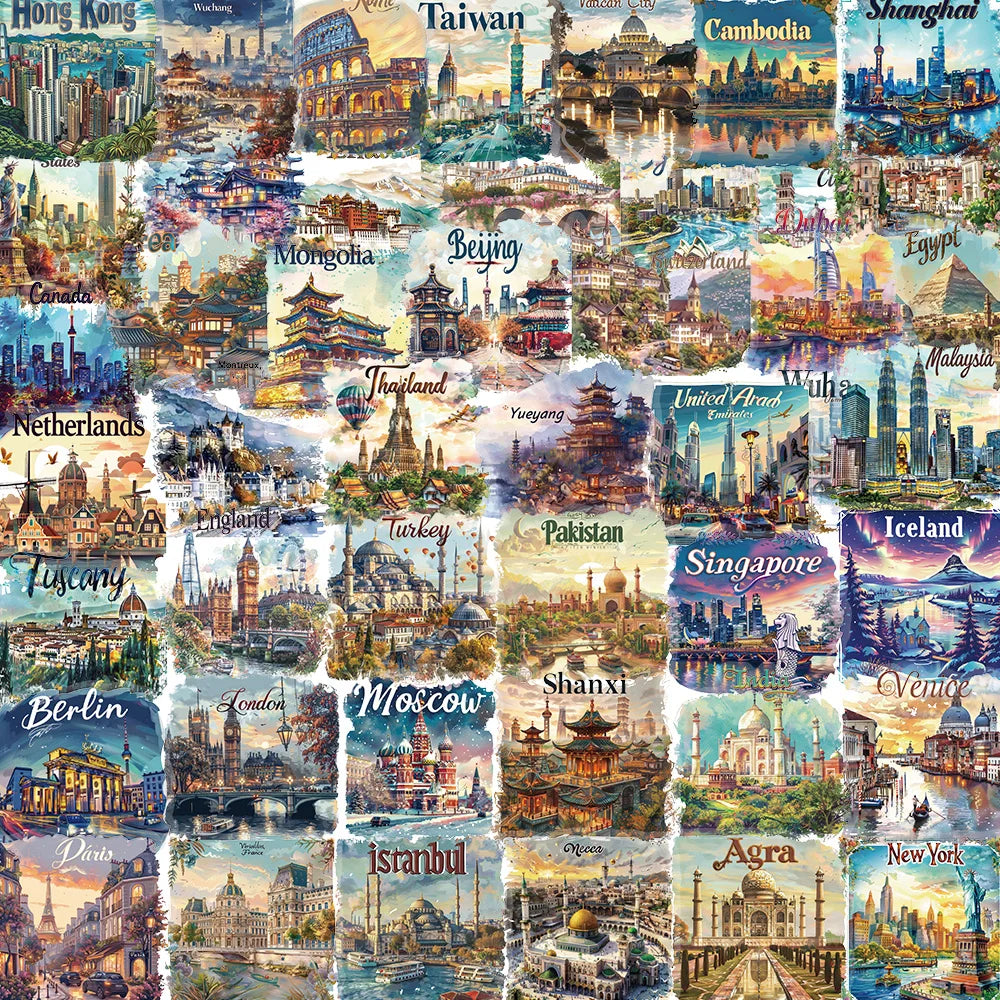 autocollants voyage paysages urbains naturels illustrations monumens adhésifs étanches collection stickers voyages