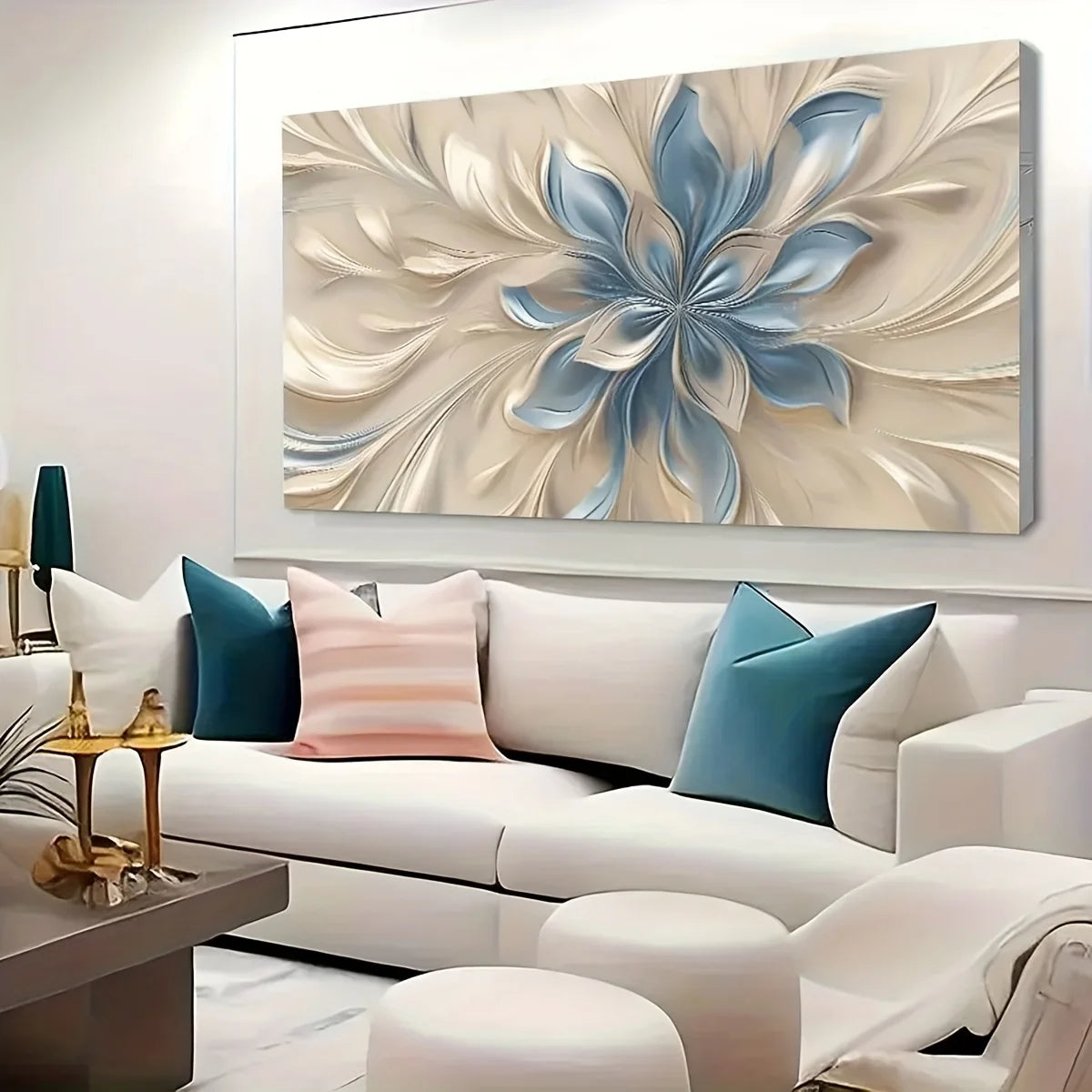 tableau moderne toile abstraite fleurs beige bleu gris opaque sans cadre 50x100cm 50x150cm