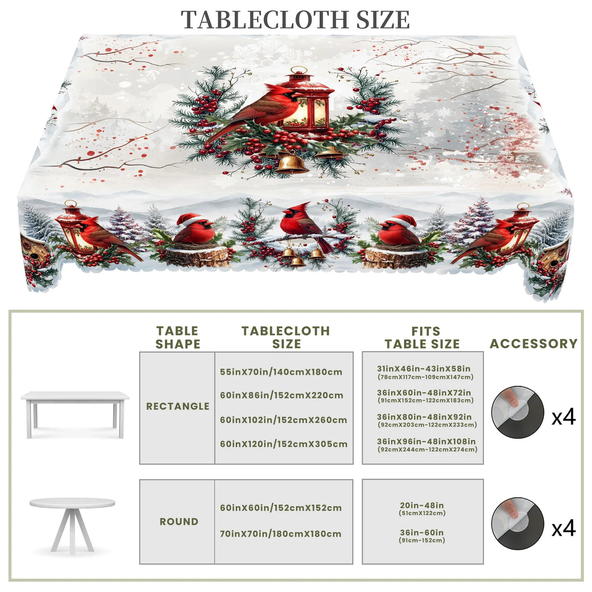 nappe table noël oiseaux houx cloches festive traditionnelle imperméable polyestre blanc rouge verte