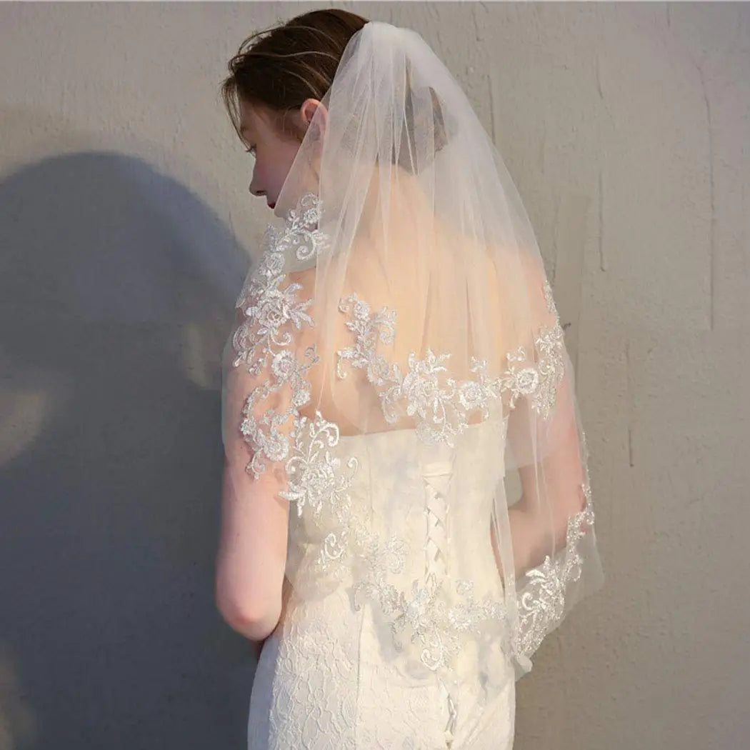 voile mariée dentelle florale deux couches transparent robe élégante romantique bord appliqué tulle doux