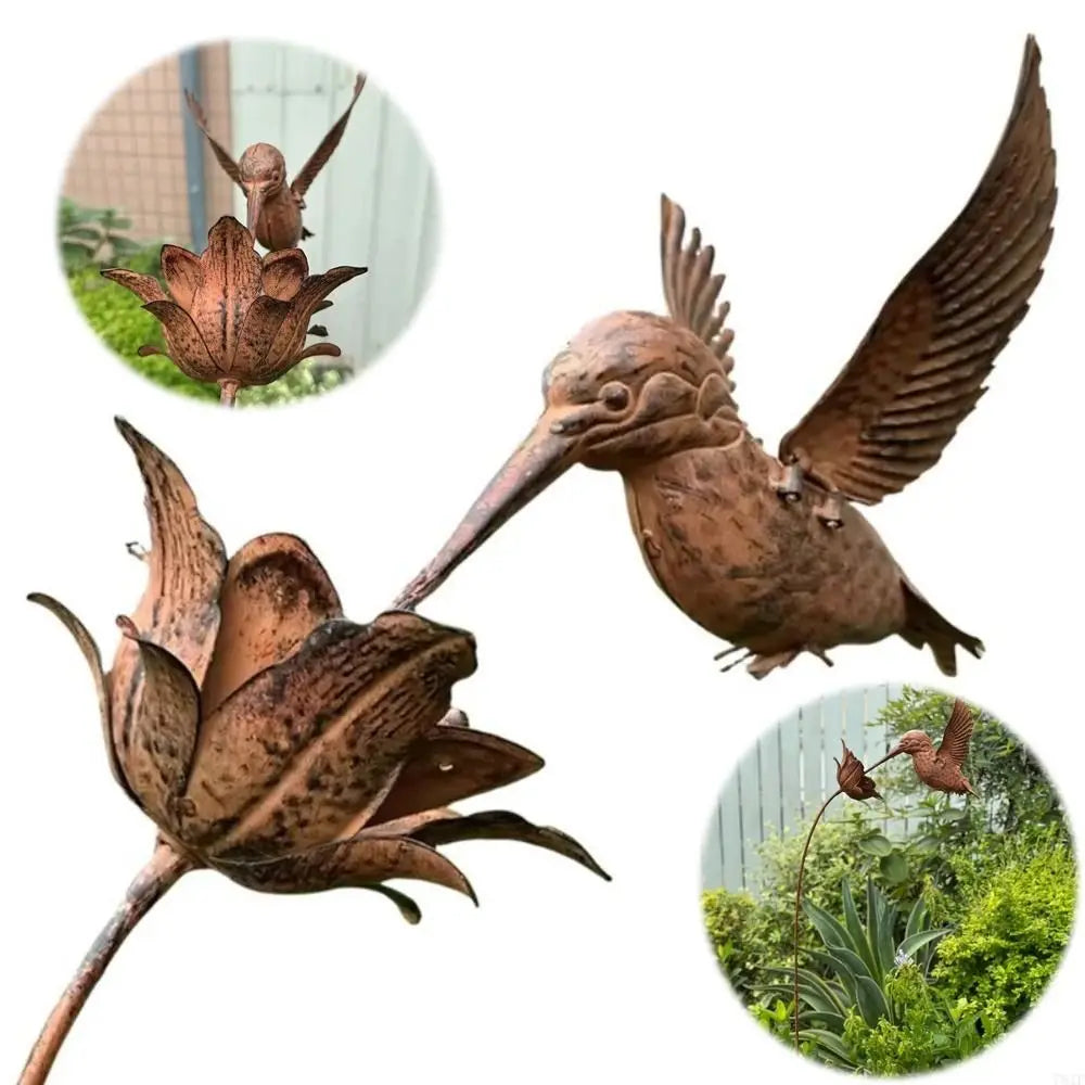 décoration jardin sculpture oiseau colibri fleur métal rouille ailes gravées tige plantable rustique