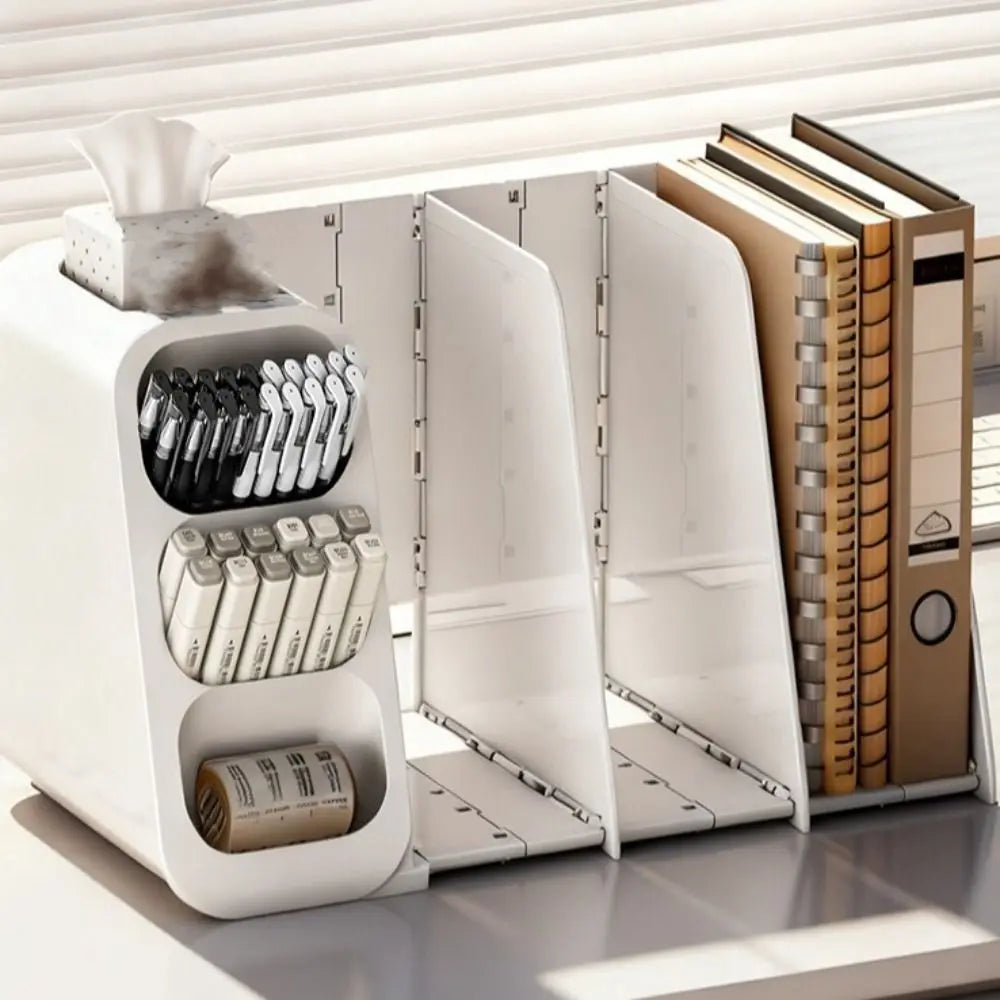 organisateur blanc moderne rangement stylos fichiers blancs bleus compartments ligne verticalisée étudiant