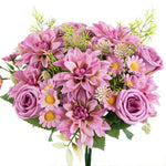 bouquet fleurs artificielles rose clair blanc orange violet dahlia marguerites feuilles vertes réaliste décoration
