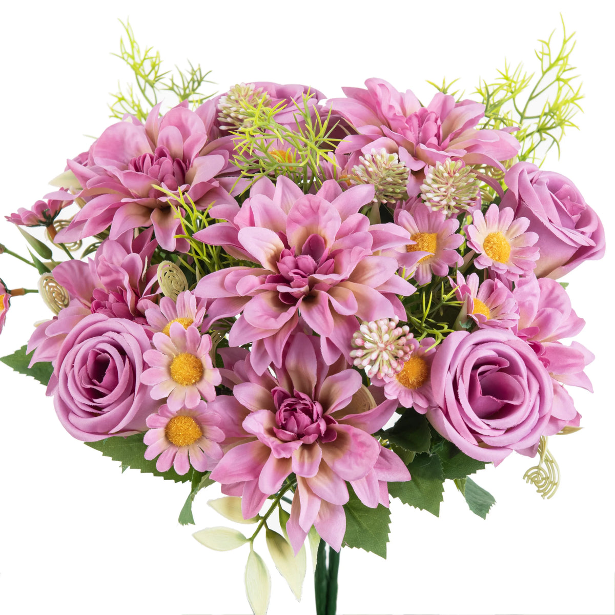bouquet fleurs artificielles rose clair blanc orange violet dahlia marguerites feuilles vertes réaliste décoration