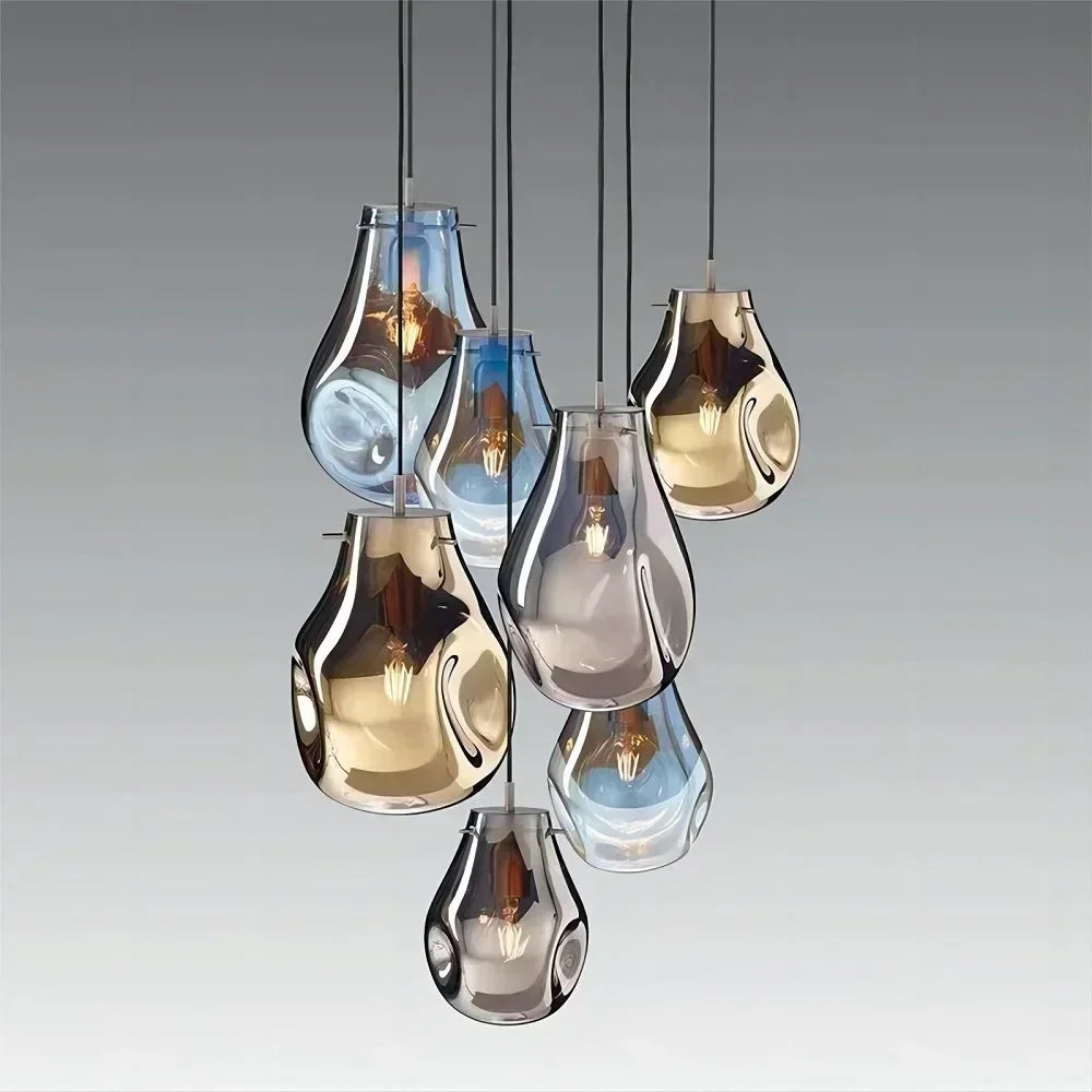 Suspension lumineuse moderne verre transparent doré bleu ampoules filament minimaliste