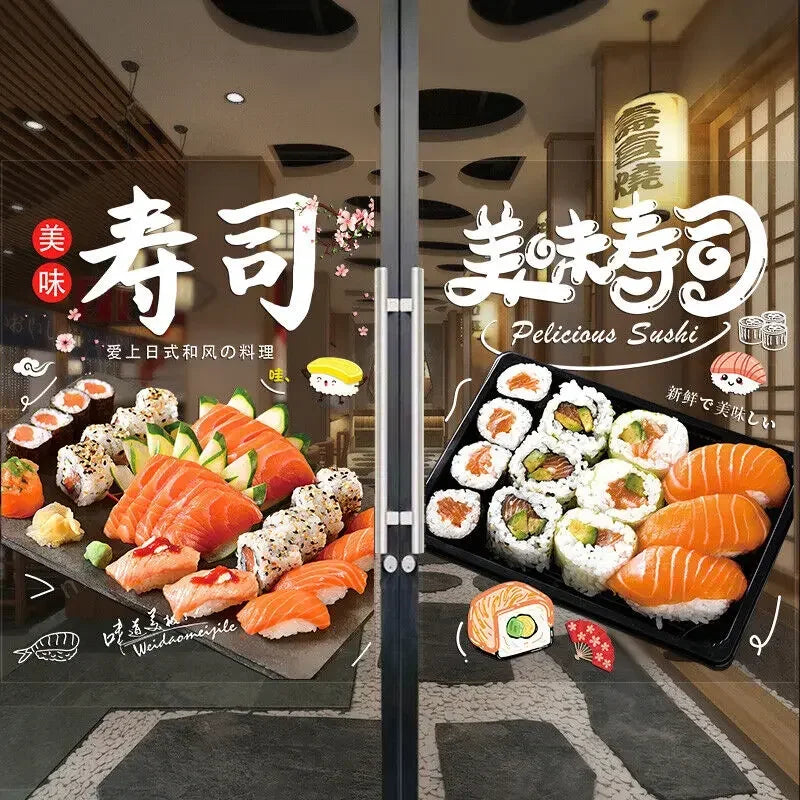 autocollant mural décoration restaurant sushi japonais assortiment sushis saumon thon avocat mur vitrine 50x70cm