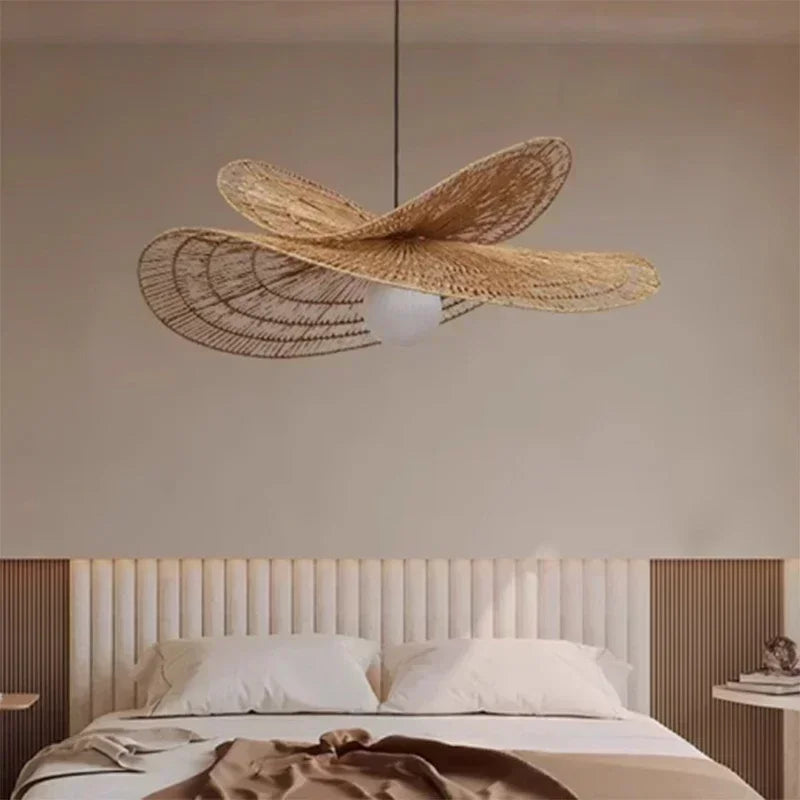 suspension lumineuse tressée wicker naturel moderne rustique salon chambre lumière chaîne métallique ampoule