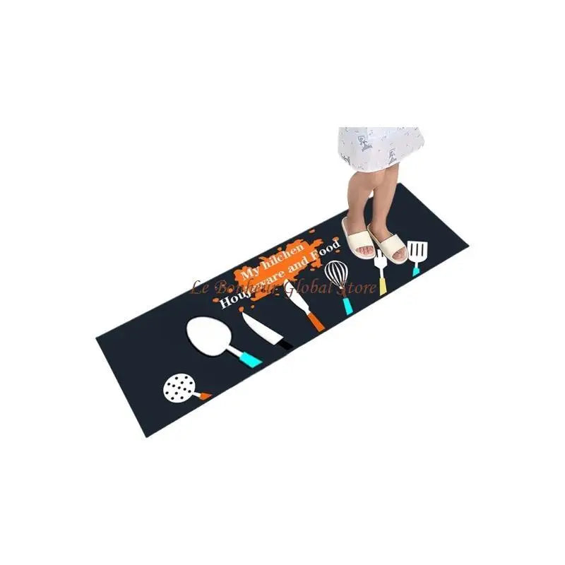 tapis sol cuisine motifs géométriques floraux moderne bleu foncé orange blanc