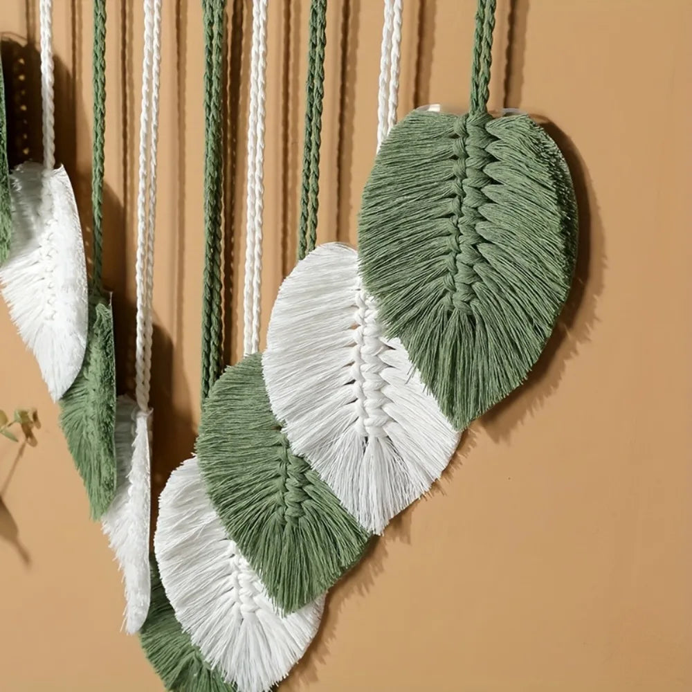 tapisserie boho chic macramé franges coeurs orange blanc bleu vert marron clair coton mur