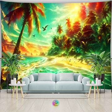 tapisserie murale paysage floral papillons fleurs océan décoration chambre salon tissu polyester multicolore grande