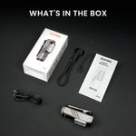 lampe torche rechargeable gris métallique résistante chocs lumière intense mode variateur clips modernes compactes