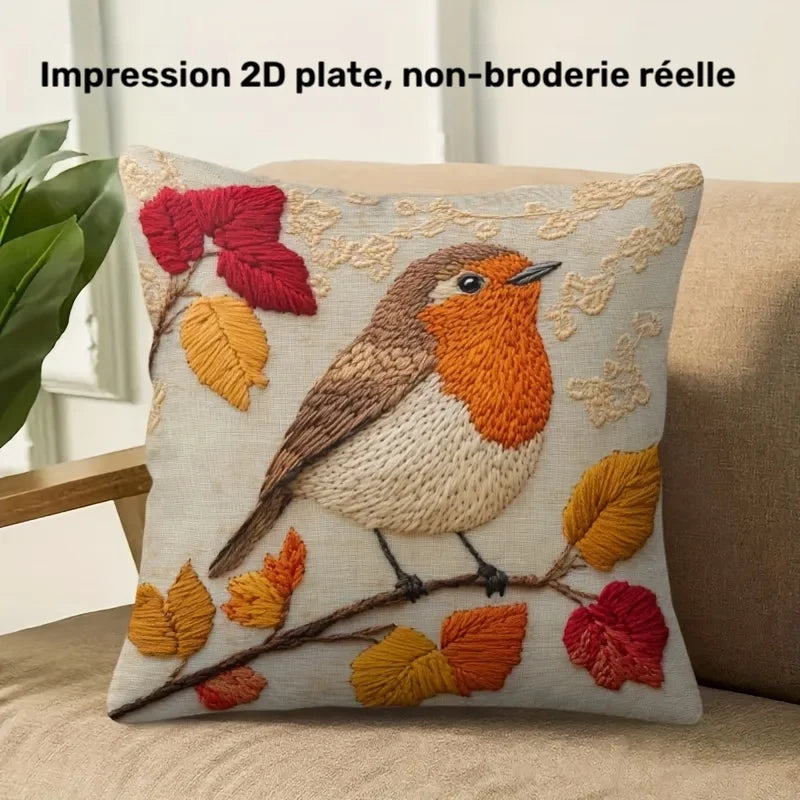 housse coussin carrée oiseau feuilles automne imprimé polyester beige décoratif zip invisible chambre maison