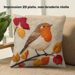 housse coussin carrée oiseau feuilles automne imprimé polyester beige décoratif zip invisible chambre maison