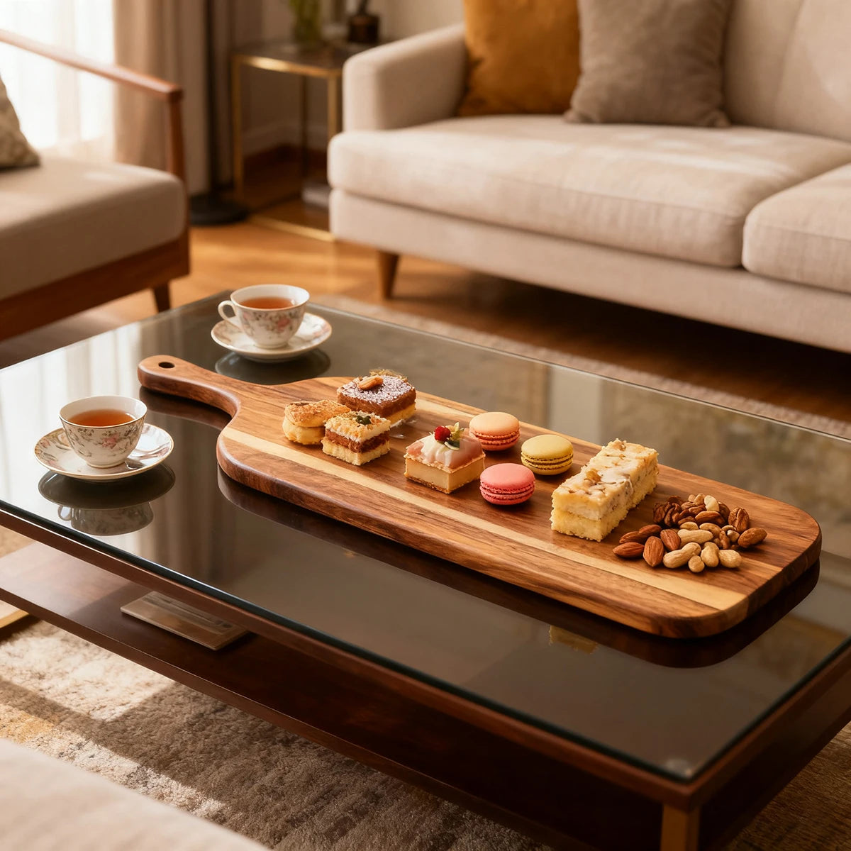 planche découper bois rectangle hachage fromage fruits assiettes tasses vaisselier jus d'orange