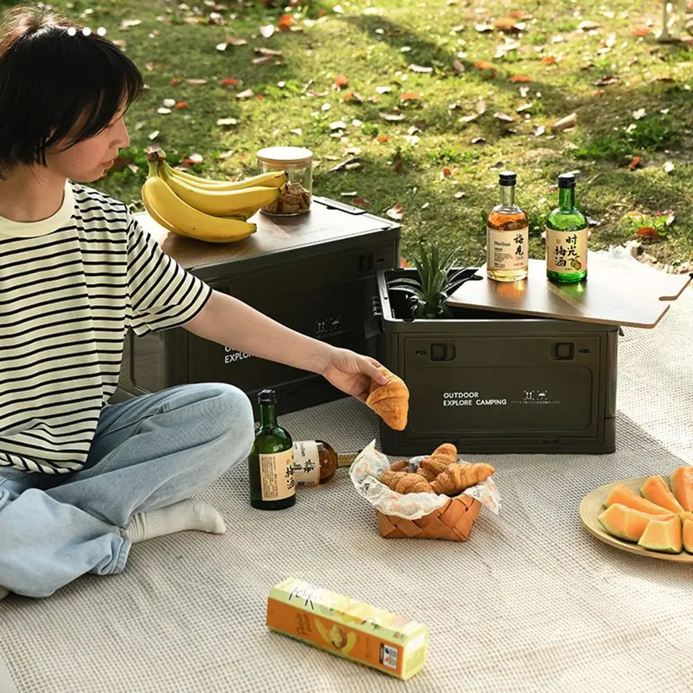 boîte rangement camping blanc bois pratique moderne empilable poignées grande capacité servant