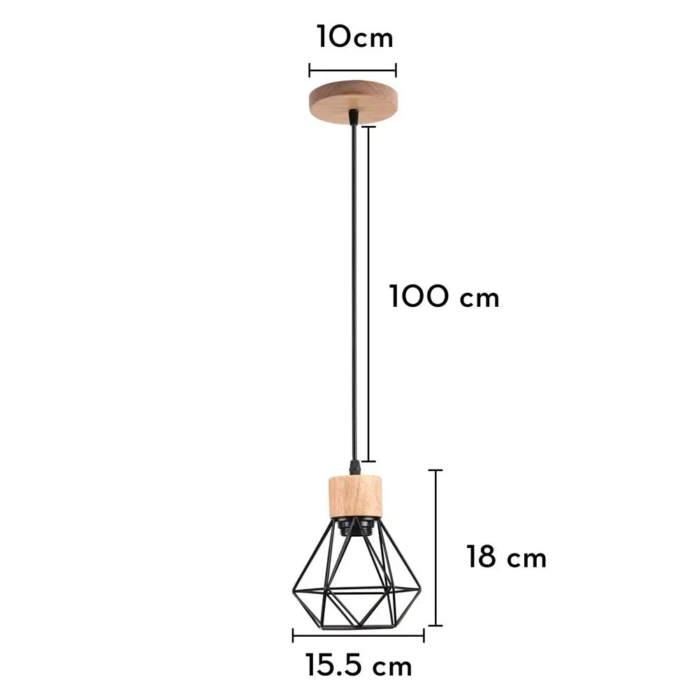 suspension lumineuse industrielle cage métal finition bois naturel ampoule filament noir moderne