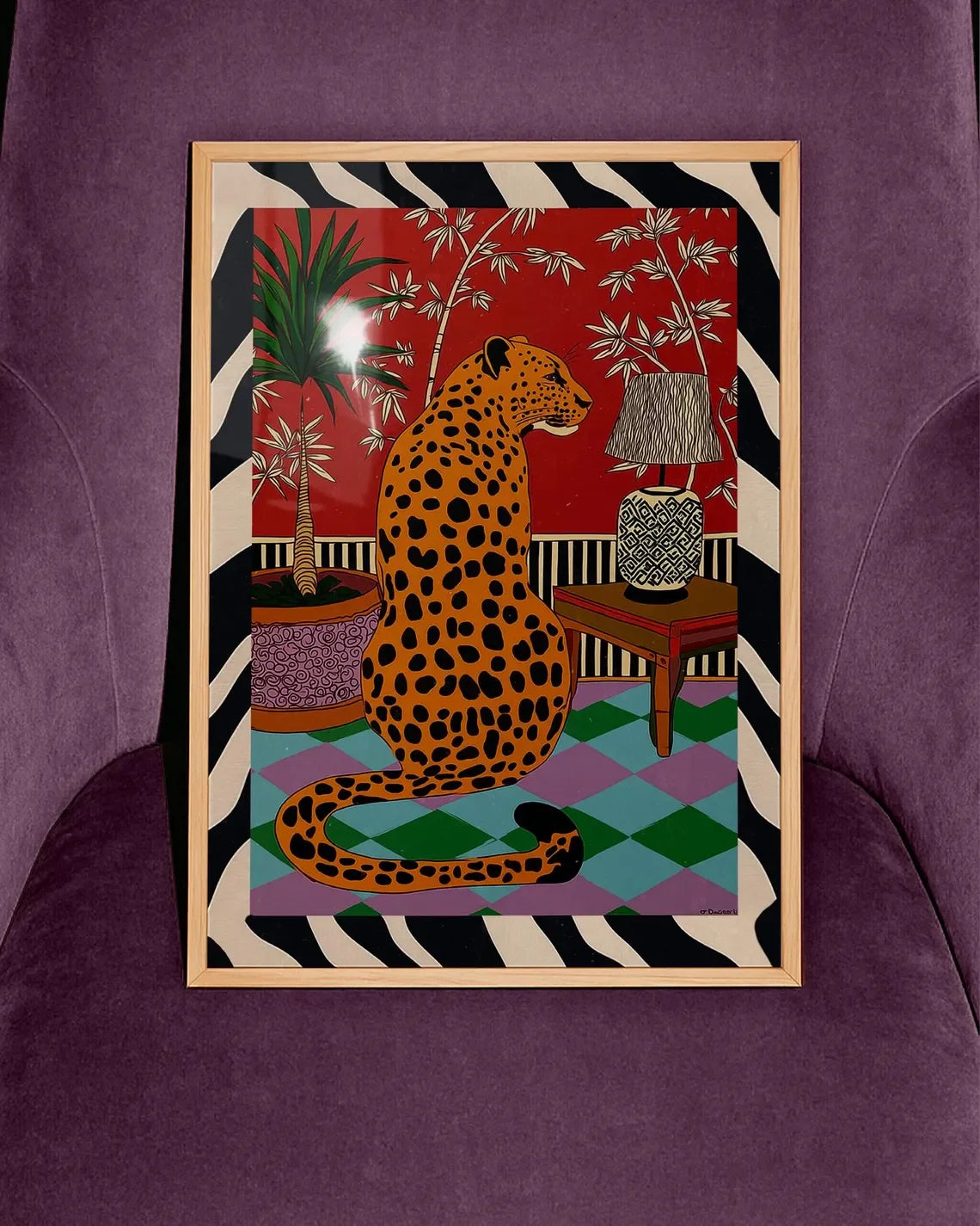 tableau moderne léopard pop art géométrique couleur rouge beige opaque vertical