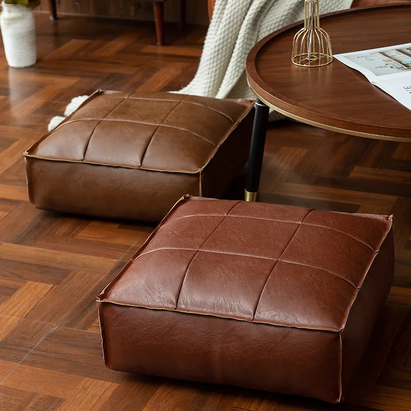 pouf carré cuir marron clair marron foncé vert olive moderne vintage