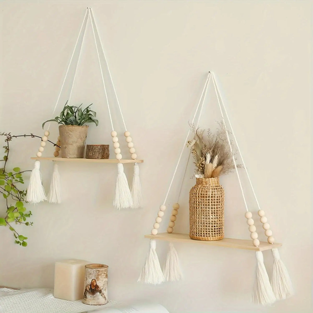 étagère suspendue bois naturel bois franges blanches boho chic fixée mur plantes décointérieurextérieur