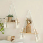 étagère suspendue bois naturel bois franges blanches boho chic fixée mur plantes décointérieurextérieur