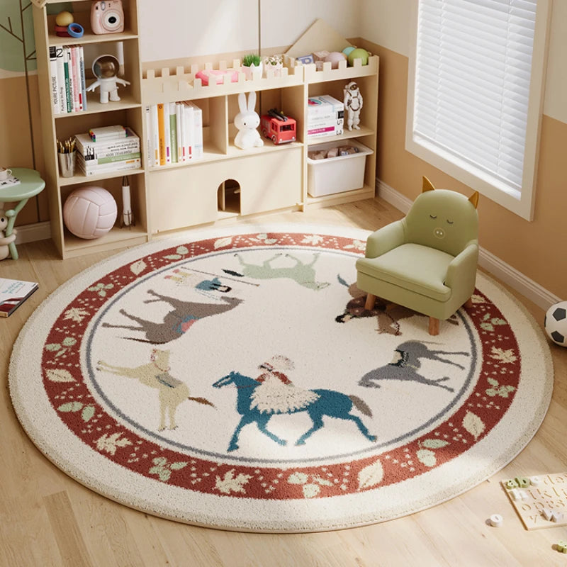 tapis rond polyester dessin animé cirque chevaux système solaire moderne enfant couleur beige rouge