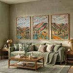 tableaux muraux modernes toile imprimée cactus paysage désertique multicolore cadre bois chambre salon decoration