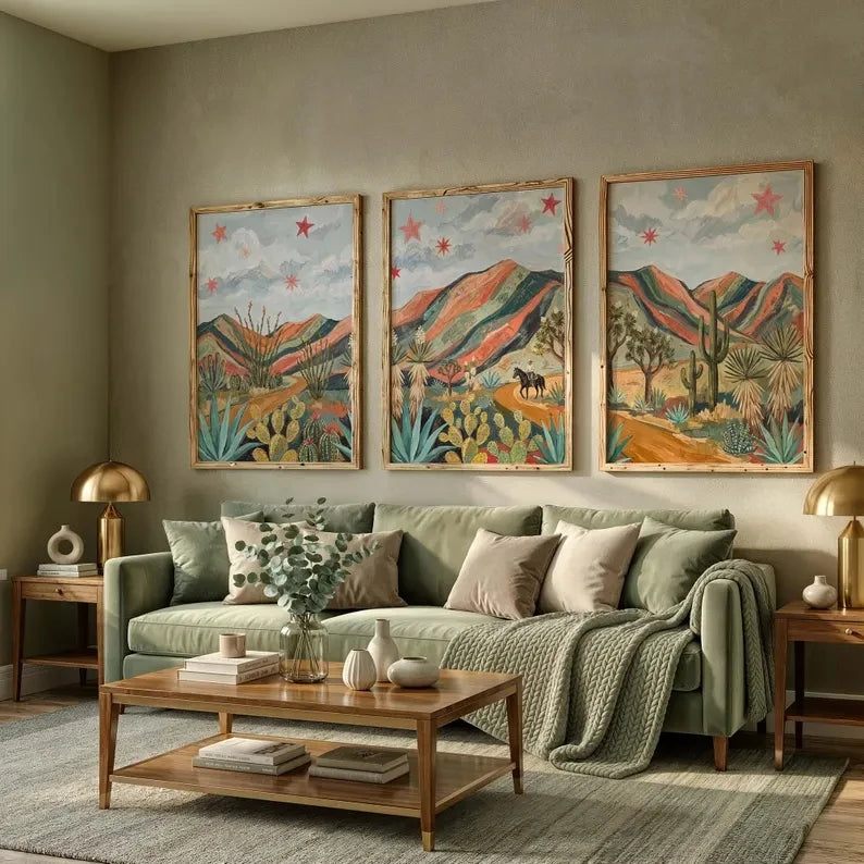 tableaux muraux modernes toile imprimée cactus paysage désertique multicolore cadre bois chambre salon decoration