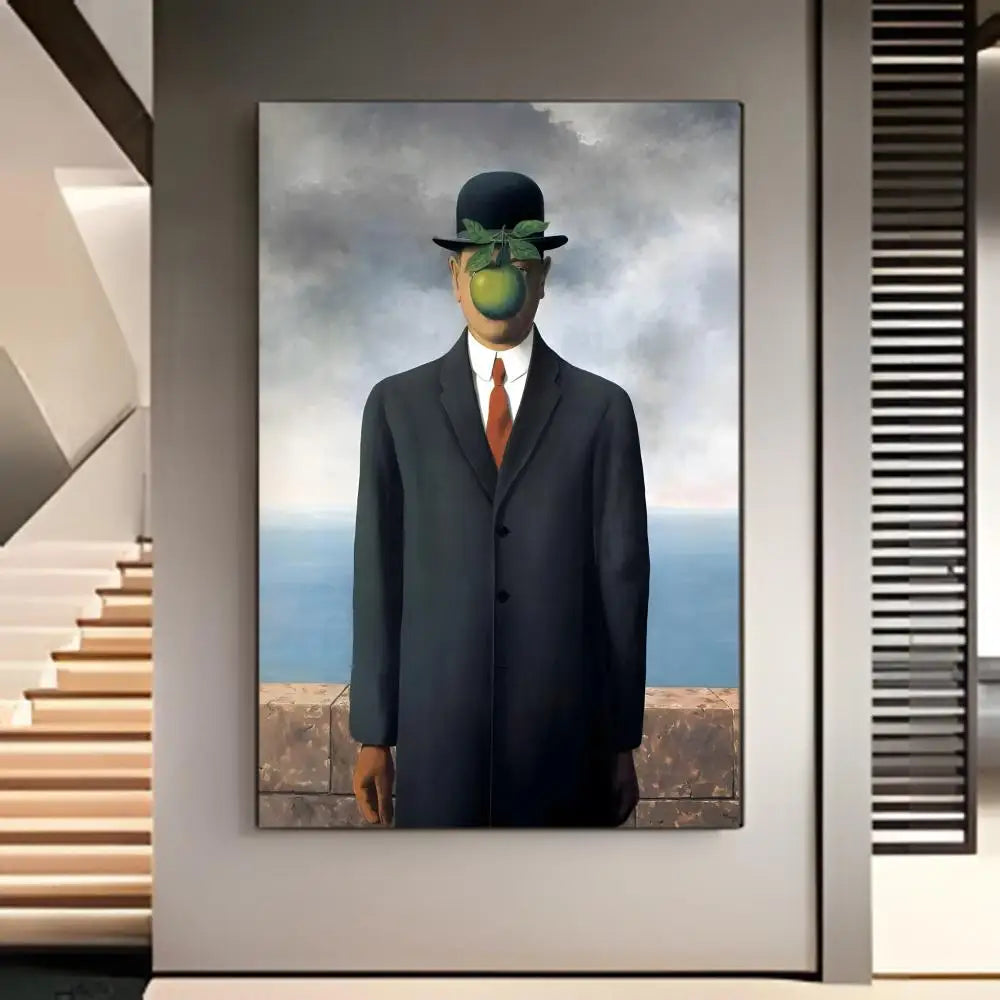tableau moderne son of man ren magritte noir blanc gris bleu vert marron orange