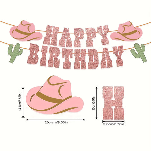guirlande décoration anniversaire thème western or pailleté chapeaux cowboys cactus happy birthday lettres marron