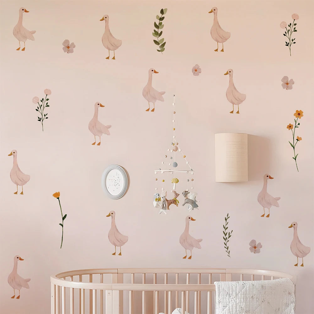 sticker mural oies fleurs enfants decoration aquarelle pastel lit bébé table chevet commode