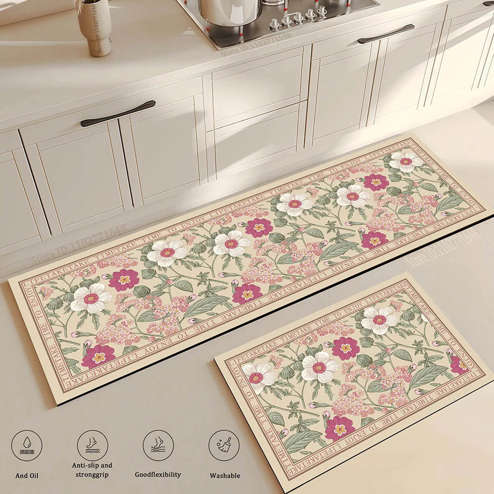 tapis cuisine antidérapant doux lavable motif floral beige rose vert gris sol maison