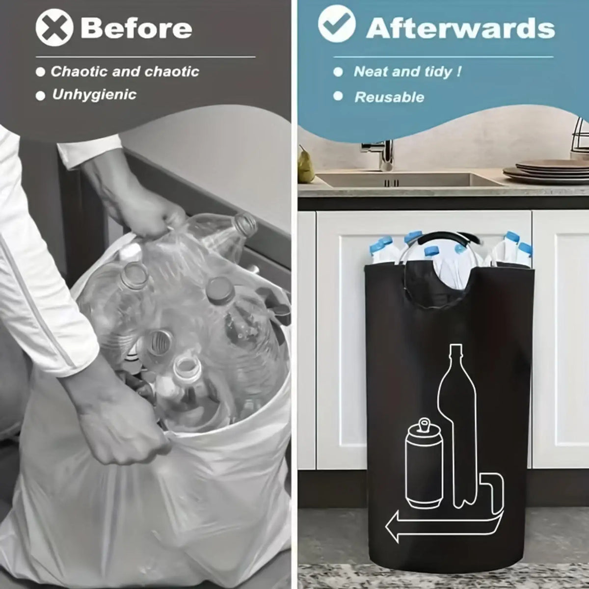 poubelle pliable recyclage bouteilles plastique canettes moderne utilitaire tissu texturé poignées noires anneaux métalliques