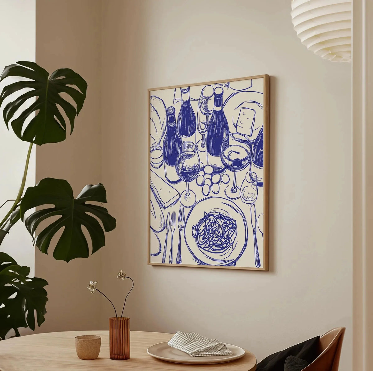 affiche art moderne toile illustration bouteilles verres assiettes chanson blanc bleu vert orange
