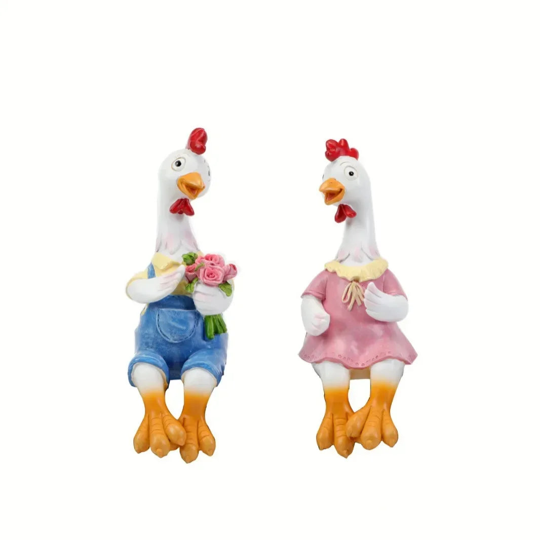 statues jardin résine couple poulets vêtus fleurs couleur variée champêtre