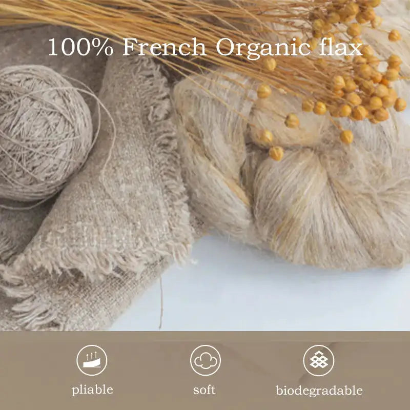 Cette image présente des fils de lin français bio, qui sont souples, doux et biodégradables, mettant en avant les avantages du lin organique français.