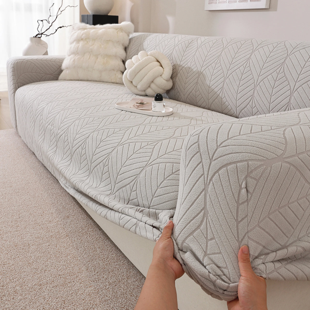 housse canapé élastique polyestère motif feuilles gris clair moderne extérieur accueil lavable machine