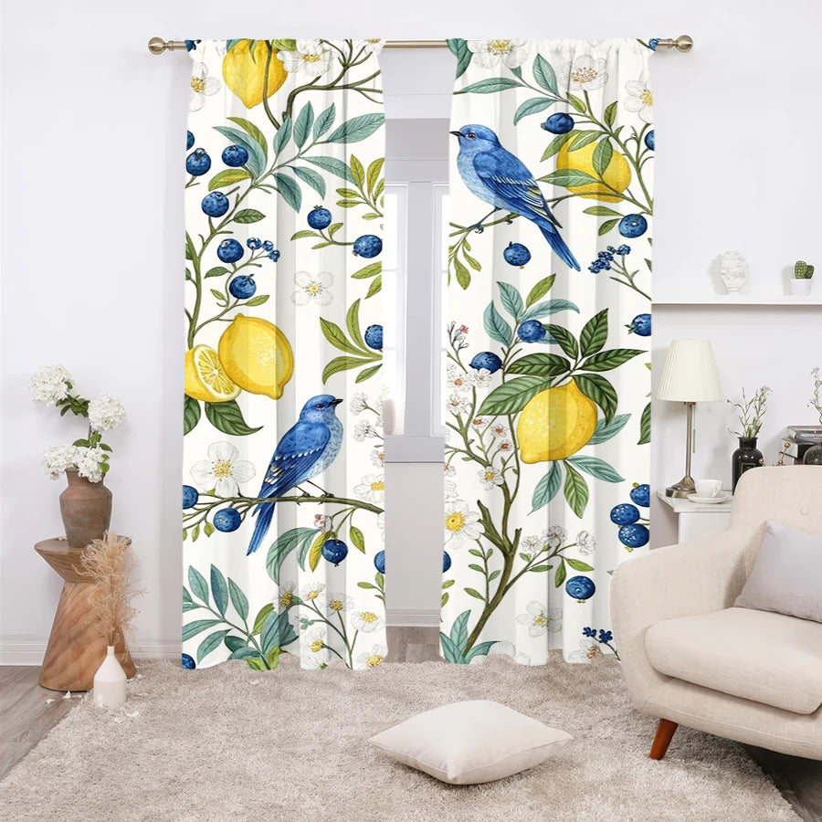rideau floral citron baies oiseaux bleus blancs moderne polyester 60x150cm 75x166cm 105x230cm 130x210cm