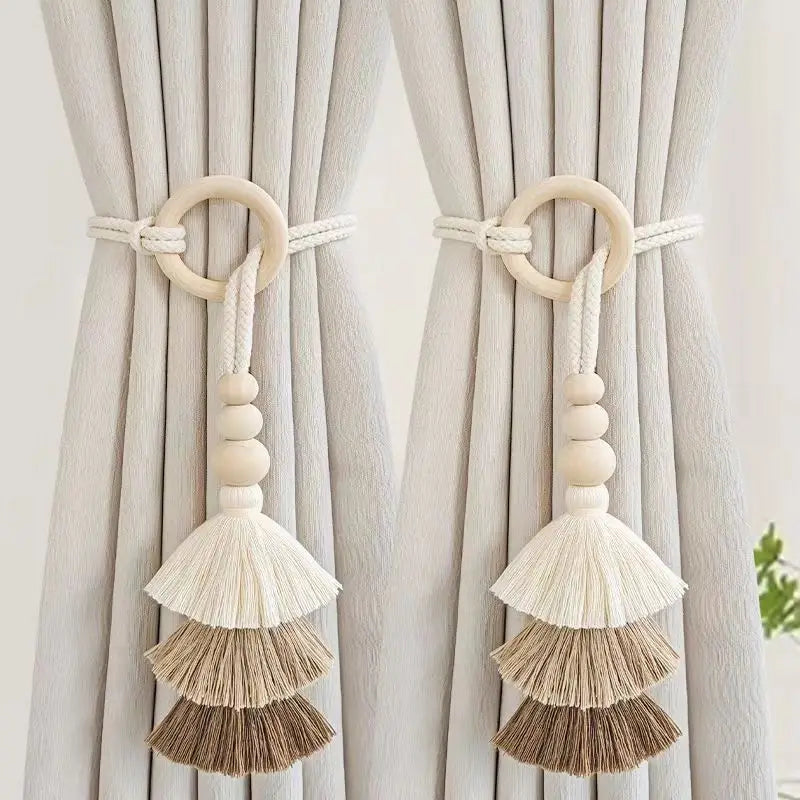 boucles rideau boho chic bois franges coton beige clair anneaux métalliques