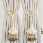 boucles rideau boho chic bois franges coton beige clair anneaux métalliques